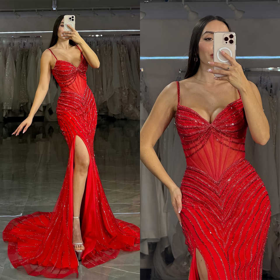 Sexy Mermaid Evening Dresses For Women Sweetheart Neck Spaghetti Strap Gown Sequins Split Side Detachable Train Party Customized Dress