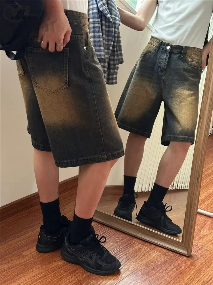 Baggy Casual Jean Shorts Mens Summer Mid High Waist Distressed Washed Denim Short Pants Male Street Vintage Knee Length 250312