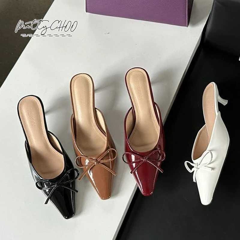 hot Patent Leather Bowknot Me Slides Wan Pointed Toe Kitten Heel Pump Sandals Ladies Bright Color ning Party Dress Shoes Z250311