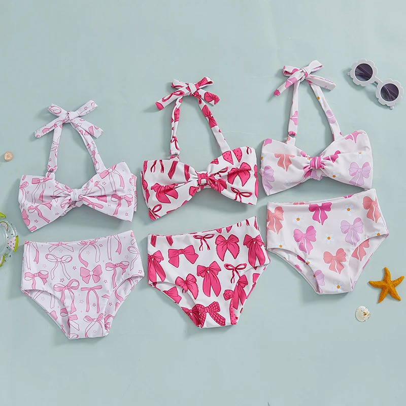 Suefunskry Kids Girls 2 Piece Swimsuits Summer Bow Print Halter Neck Bikini Tops and Elastic Shorts Set Bikini Bathing Suits 250311