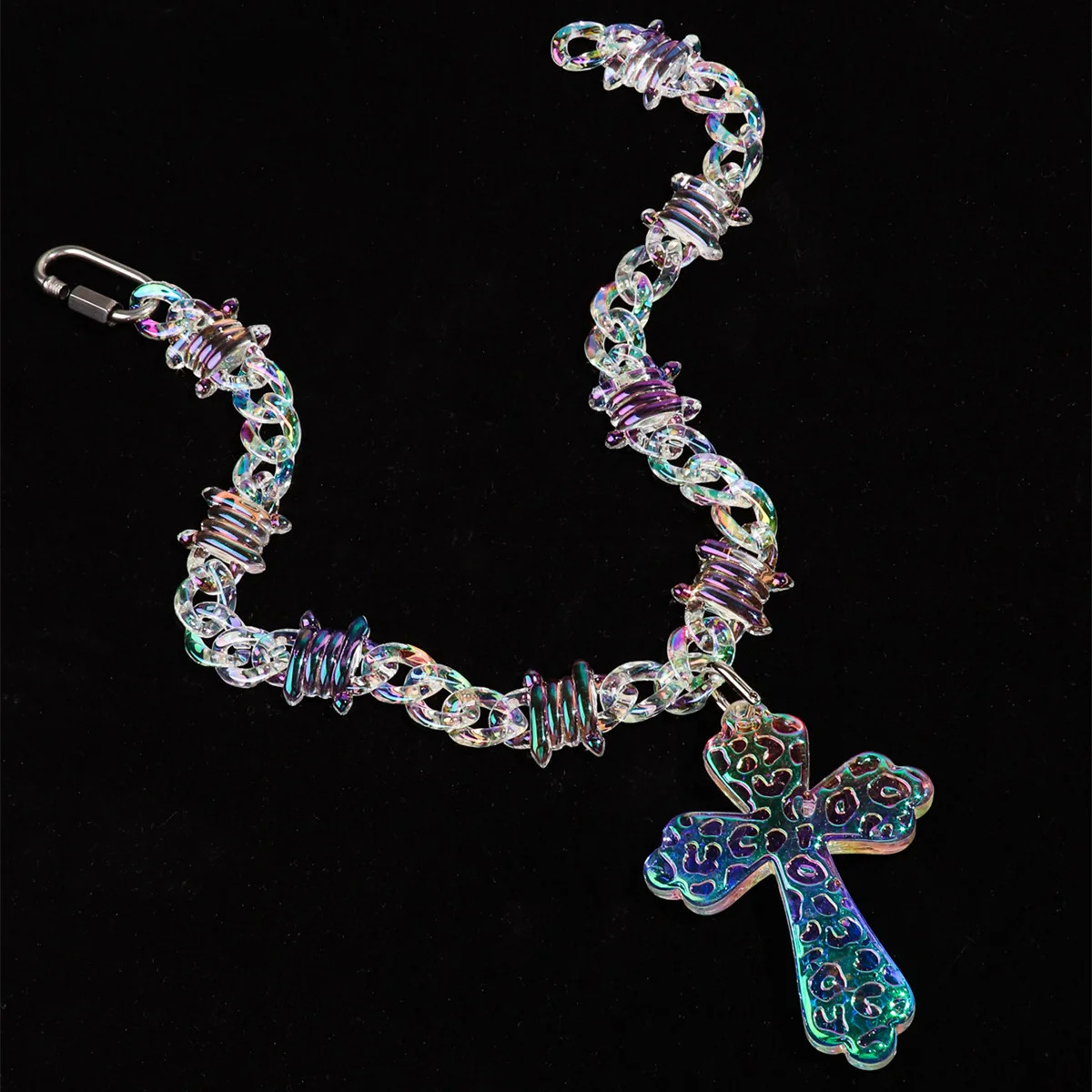 Trendy Acrylic Iridescent Transparent Big Cross Pendant Necklace for Men Hiphop Brambles Wire Necklaces Fashion Male Jewelry250305