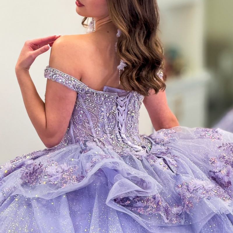Lavender Shiny Quinceanera Dresses Ball Gown Off The Shoulder Sequin Applique Flower Beading Tull Party Birthday Sweet 16 Dress Vestidos15 Anos