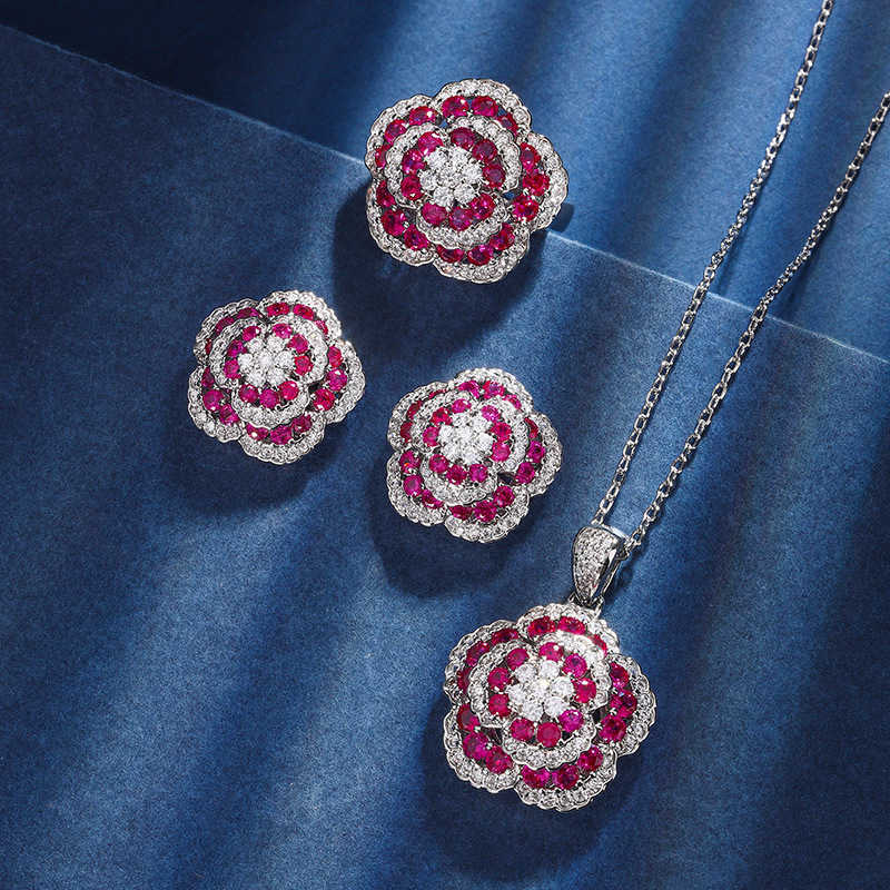 Autumn and Winter New Zhuangsheng Copper Bottom Gold Plated Simulated Red Corundum Rose Charm Light Luxury Set for Women W250312