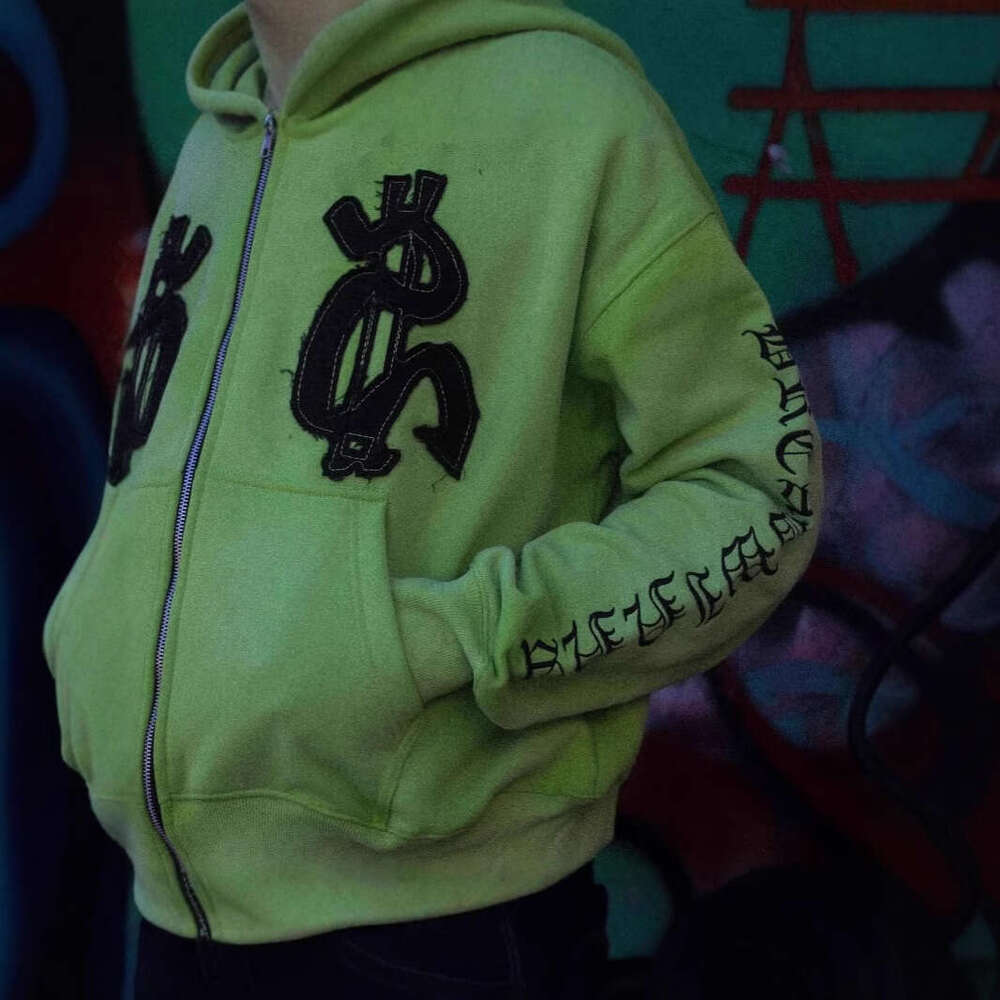 American casual hip-hop zipper jacket, street printed hoodie, personalized fashion trend, green
