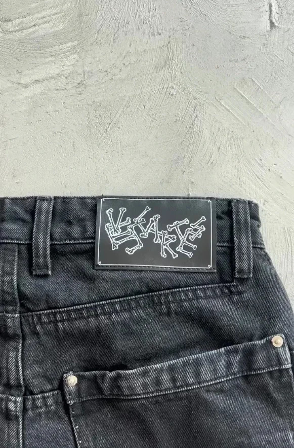 Y2k Thriller Pattern Hip Hop Embroidery Baggy Jeans Women Gothic Streetwear Straight Patchwork Black Retro Denim Men Clothes 250310