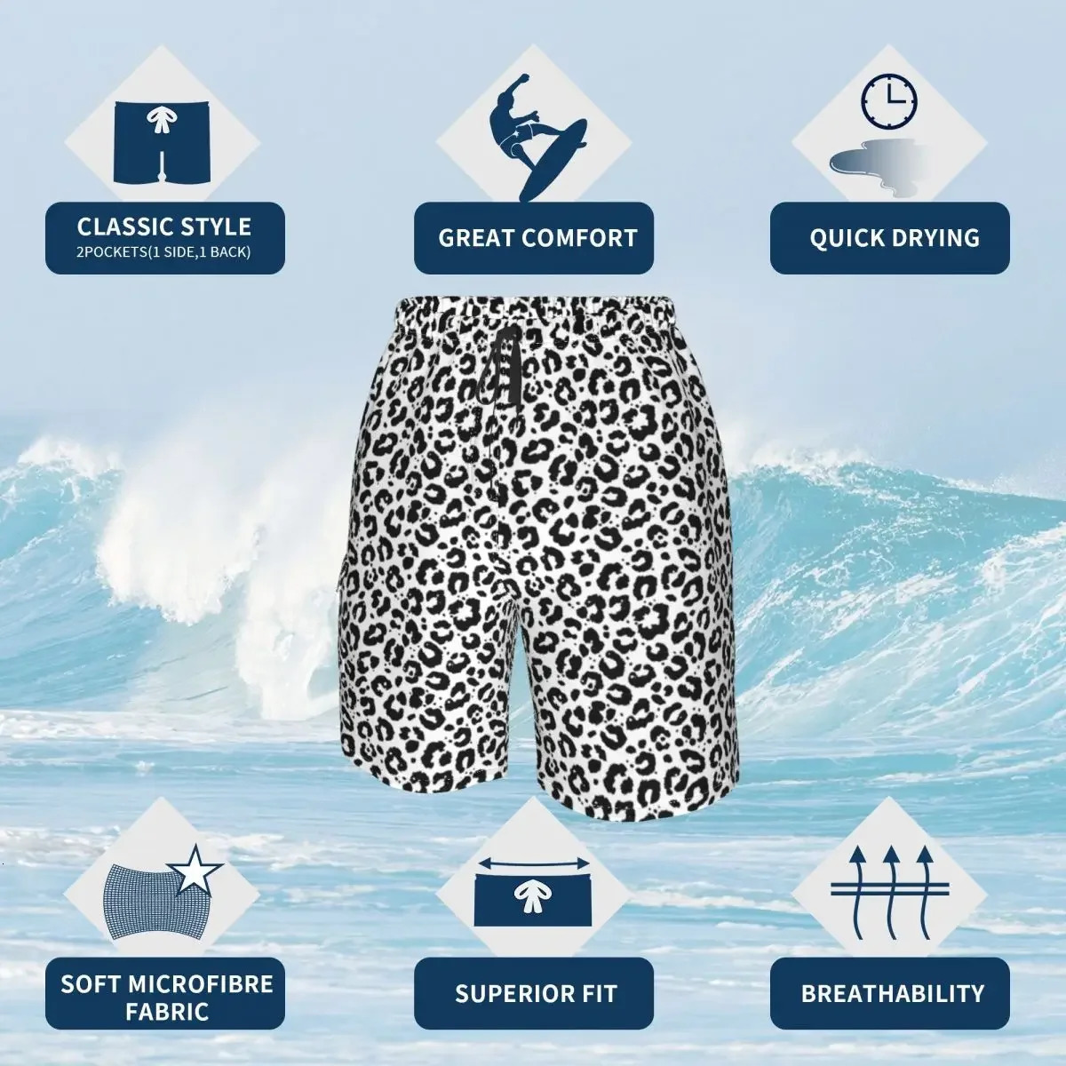 Black White Leopard Print Board Shorts Animale Snow Cheetah Pattern Board Short Pants Man Printing Plus Size Swim Trunks Gift 250310