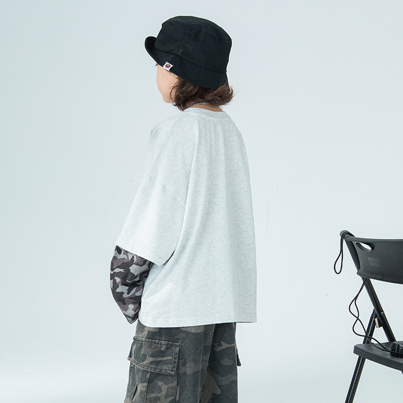 Ddmyshoesvip Spring New Korean Edition Boys Long Sleeved T Shirt Versatile Fake Two Piece Camouflage Sleeve Base Shirt Children S Top Trendy