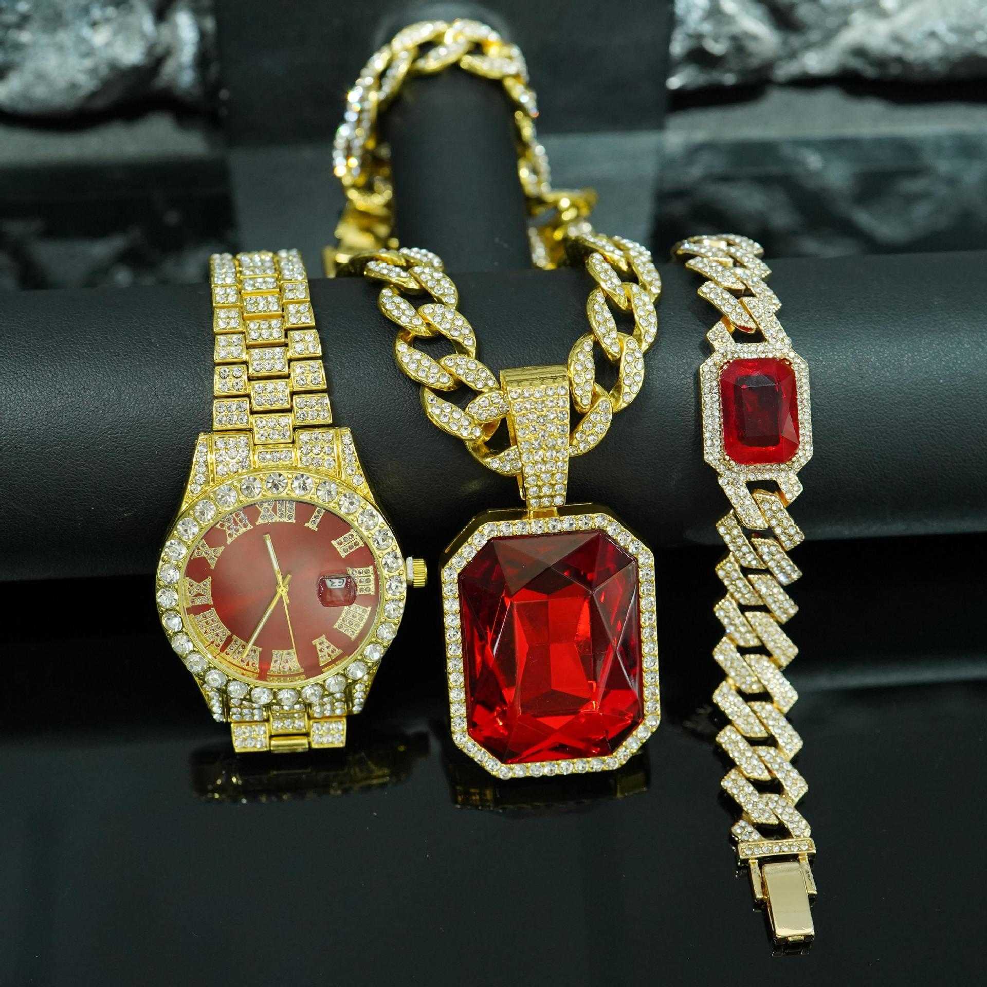 TMEU hot selling red alloy pendant bracelet necklace watch 5-piece set mens high-end gift box jewelry W250312