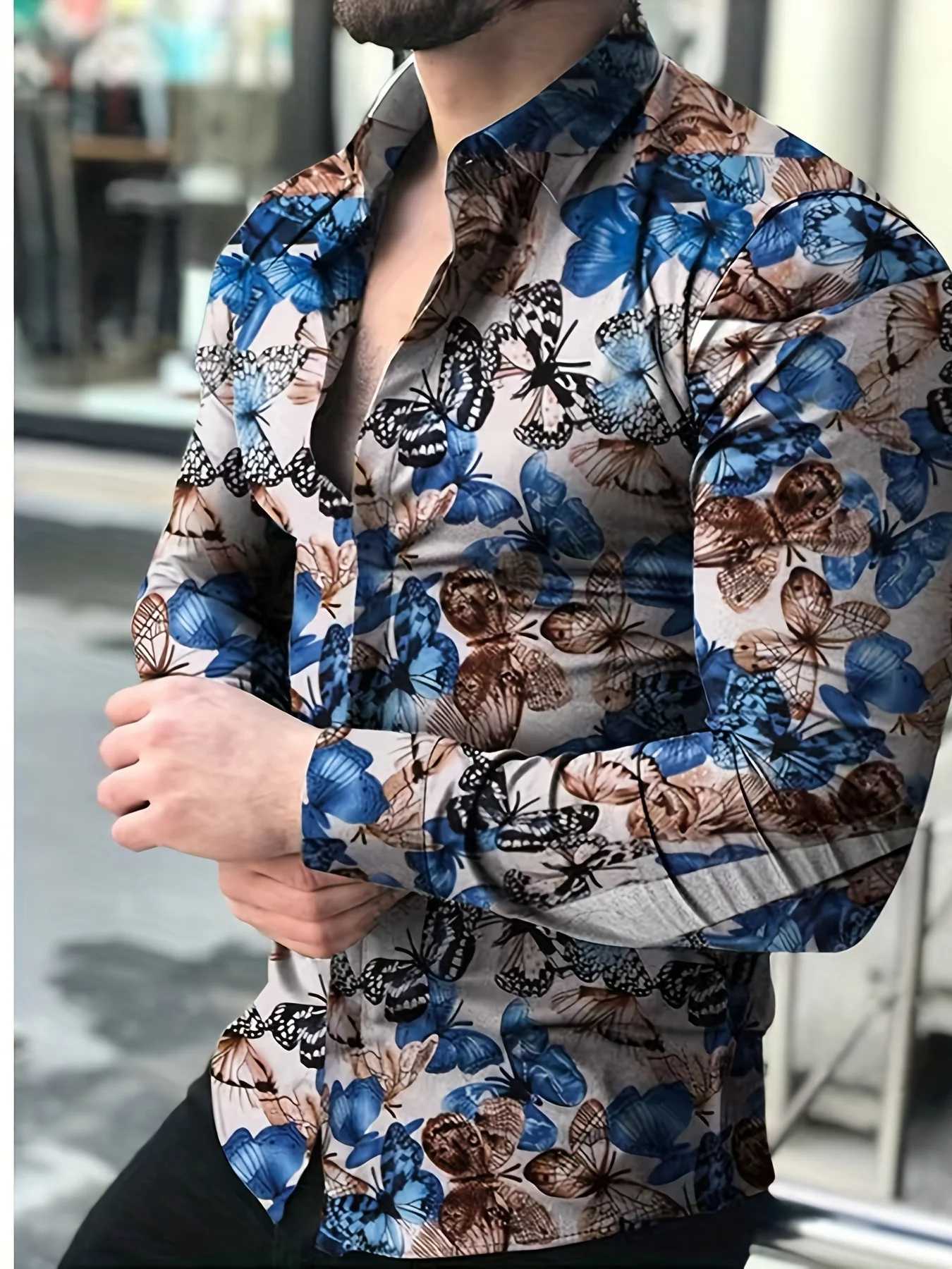 Mens Fashion 3D Rose Pattern Printed Shirt Oversized Spring/Summer Mens Retro Paisley Pattern Long Sleeve Shirt Clothing W250312