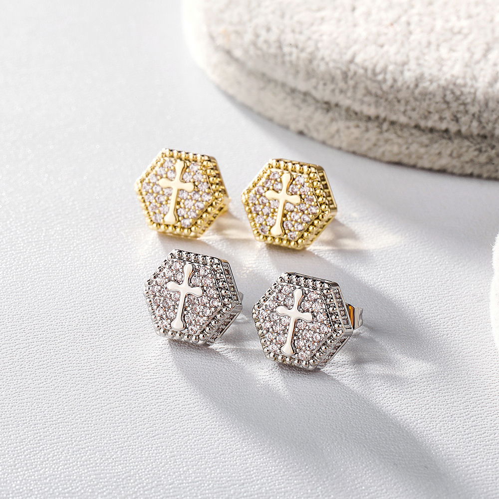 Hip Hop Hexagon Cross Stud Earrings Cylinder Shape Shining Zircon Dangle Earrings Gold Plated Vintage Geometric Jewelry