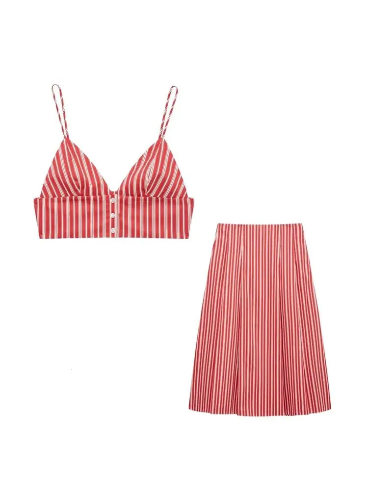 TRZA Womens Fashion Striped Crop Tank Top and Mid Waist Side Zipper Fold Midi Skirt Two Piece Set n Wear 250312
