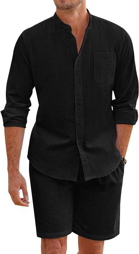Men's summer two-piece cotton en comfortable button up shirt, long sleeved shorts, cardigan, simple casual beach wear, 2025 new style, chic and e