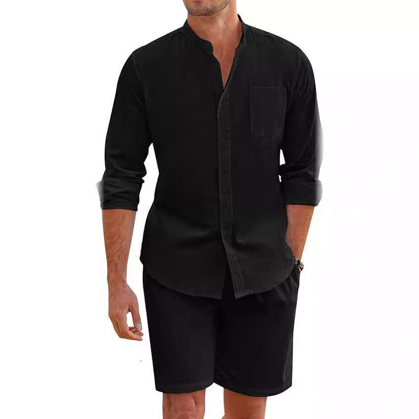 Men's summer two-piece cotton en comfortable button up shirt, long sleeved shorts, cardigan, simple casual beach wear, 2025 new style, chic and e