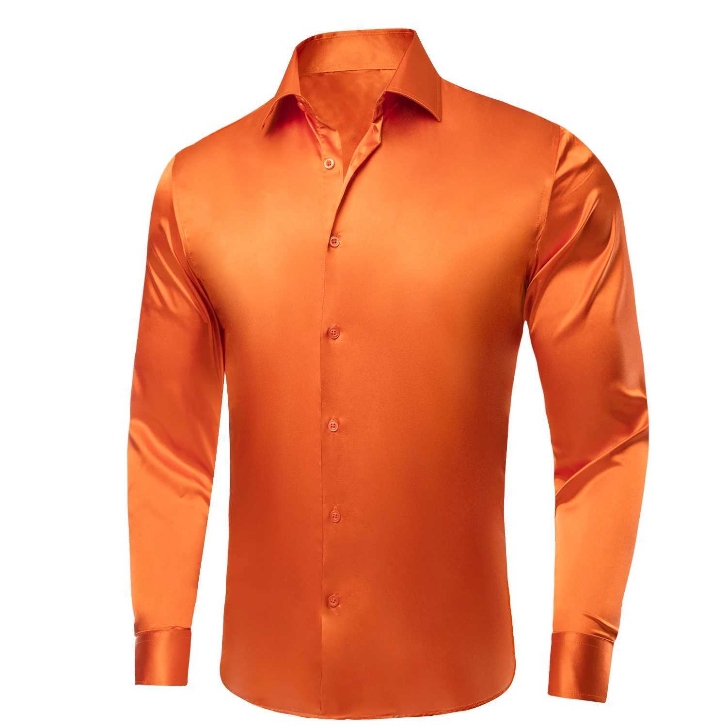 Hi Tie Orange Plain Silk Mens Shirt Flip Collar Long Sleeve Dress Soft Shirt Mens Formal Casual Wedding Business Oversized W250312