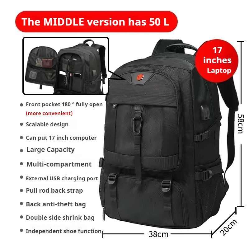 Men Business Travel Waterproof With USB Charging Large Capacity 18Inch Laptop Black Backpack 8101