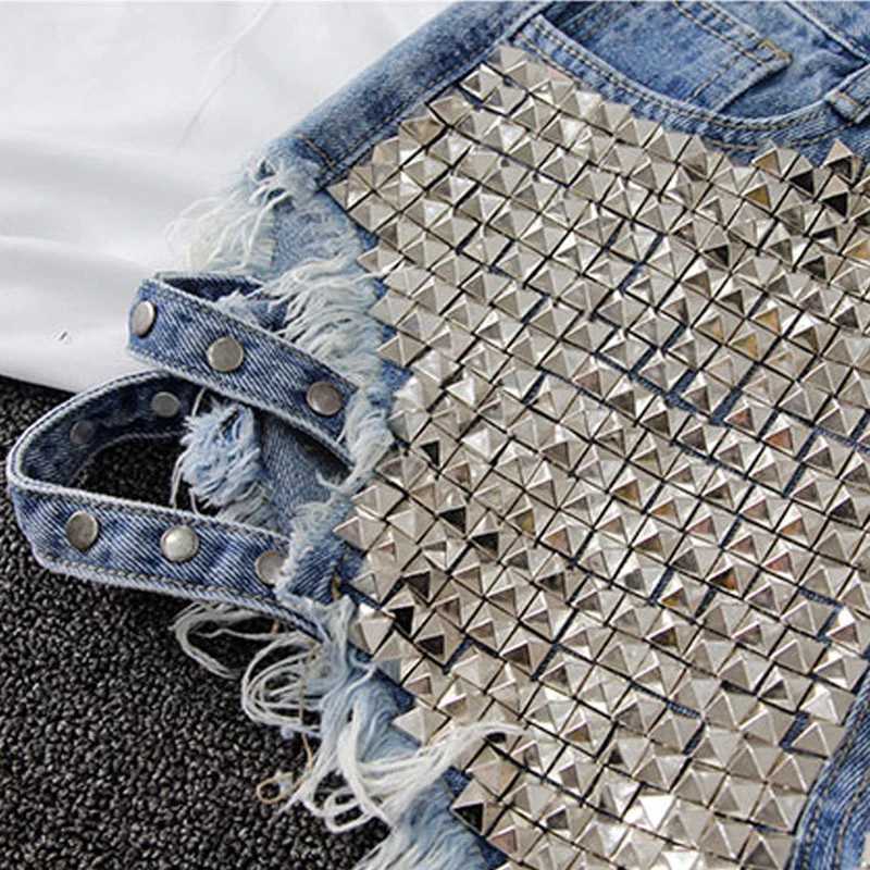 Punk Rivet Denim Shorts 2022 Summer Spring Womens High Waist Loose Tassel Denim Shorts Black/Blue/White Perforated Shorts KZ388 X250312
