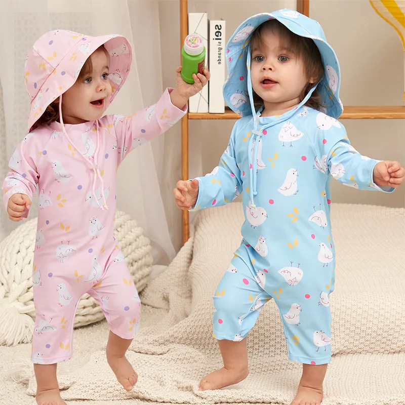 Baby Girls Swimsuit Long Sleeves One Piece Swimwear for Kids Toddler Cartoon UPF50 Rash Guards Infant Bathing Suit Korea Sets 250311
