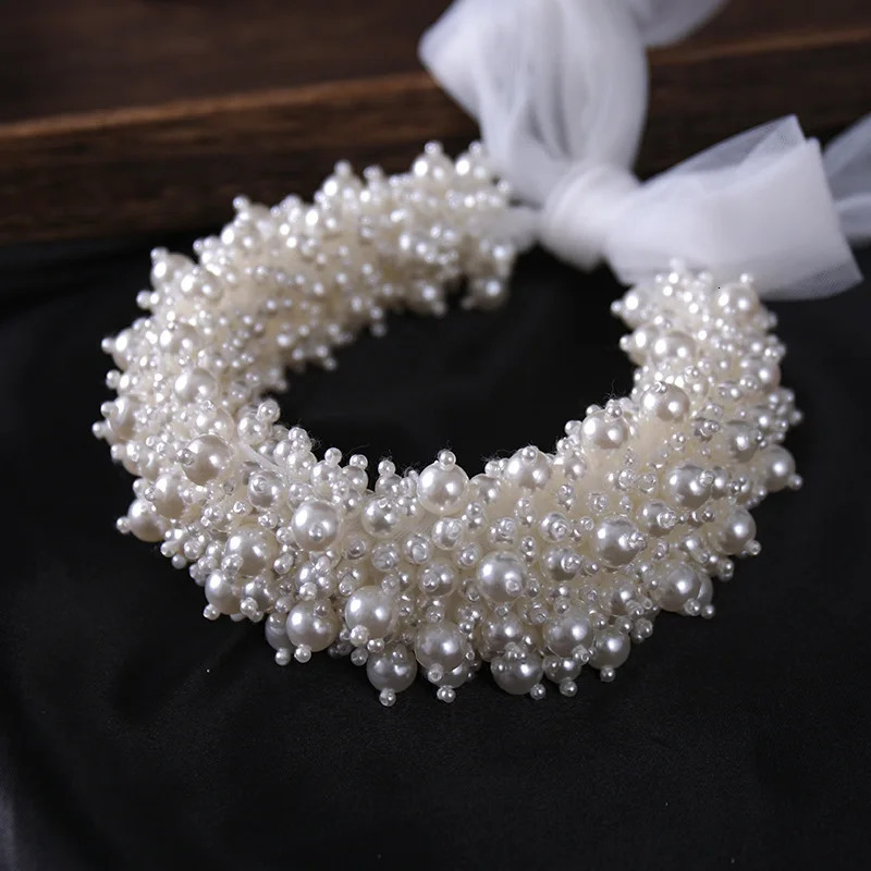 Elegant wedding accessories handmade white pearls Headband Hair Chain Wedding Style Women Hair Styling Jewelry 250310