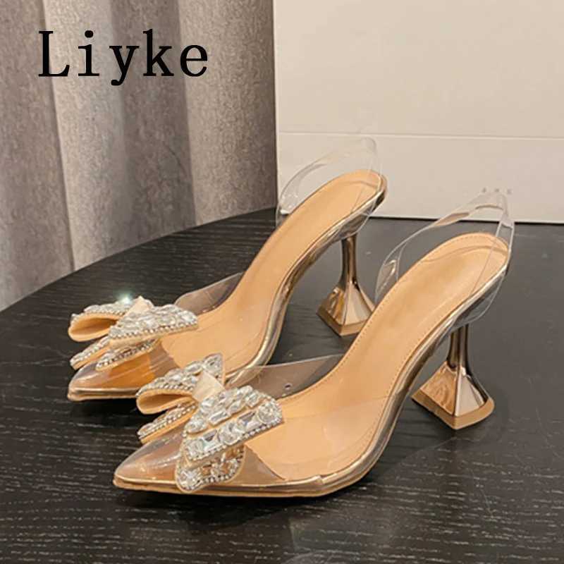 Liyke 2025 New Sier Crystal Bowknot Wen Hot Pumps High New H Transparent Sandals Sexy Pointed Toe Wedding Banquet Shoes Size 41 Z250311