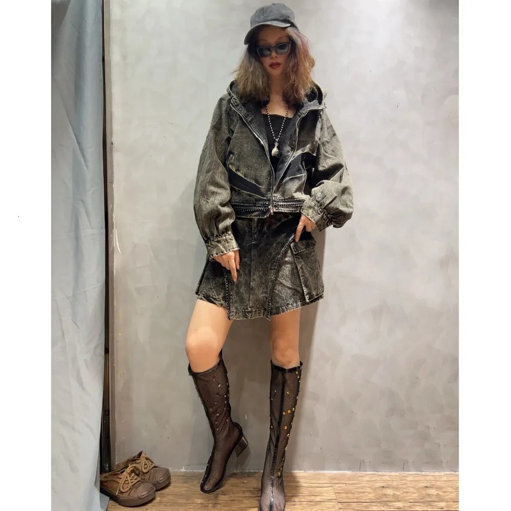 Spring Autumn Trendy Cool Pant Set Vintage Denim Splicing Hooded Short Coat Pants Two Piece Women LX3114 250311