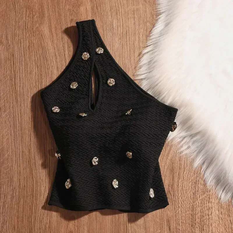 2024 Summer Senior Three-Dimensional Decorative Sg Vest New Slim-Fit Sleeveless Sexy Hollow Knitted Top