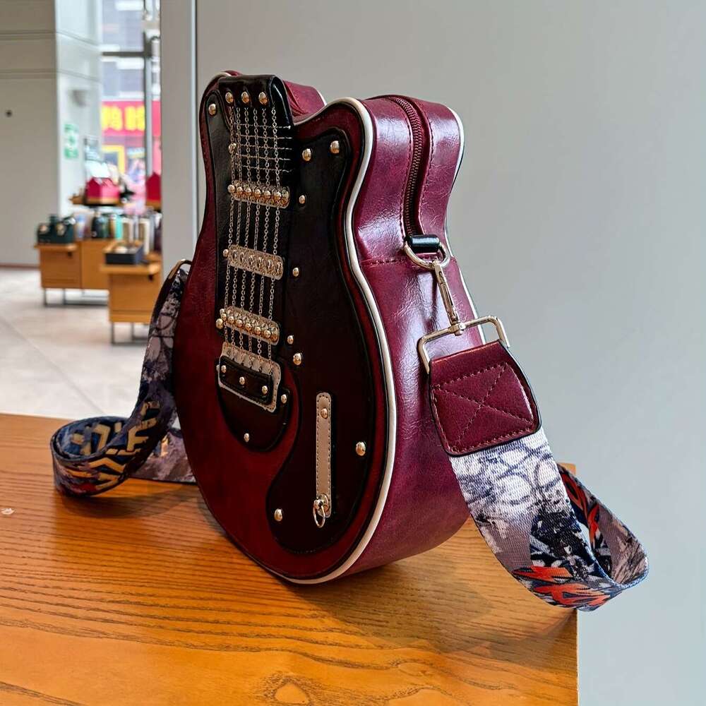 2024 Niche Guitar Shaped Y2K Style Novelty Crossbody Bag, Rivets Decor Trendy Shoulder Bag