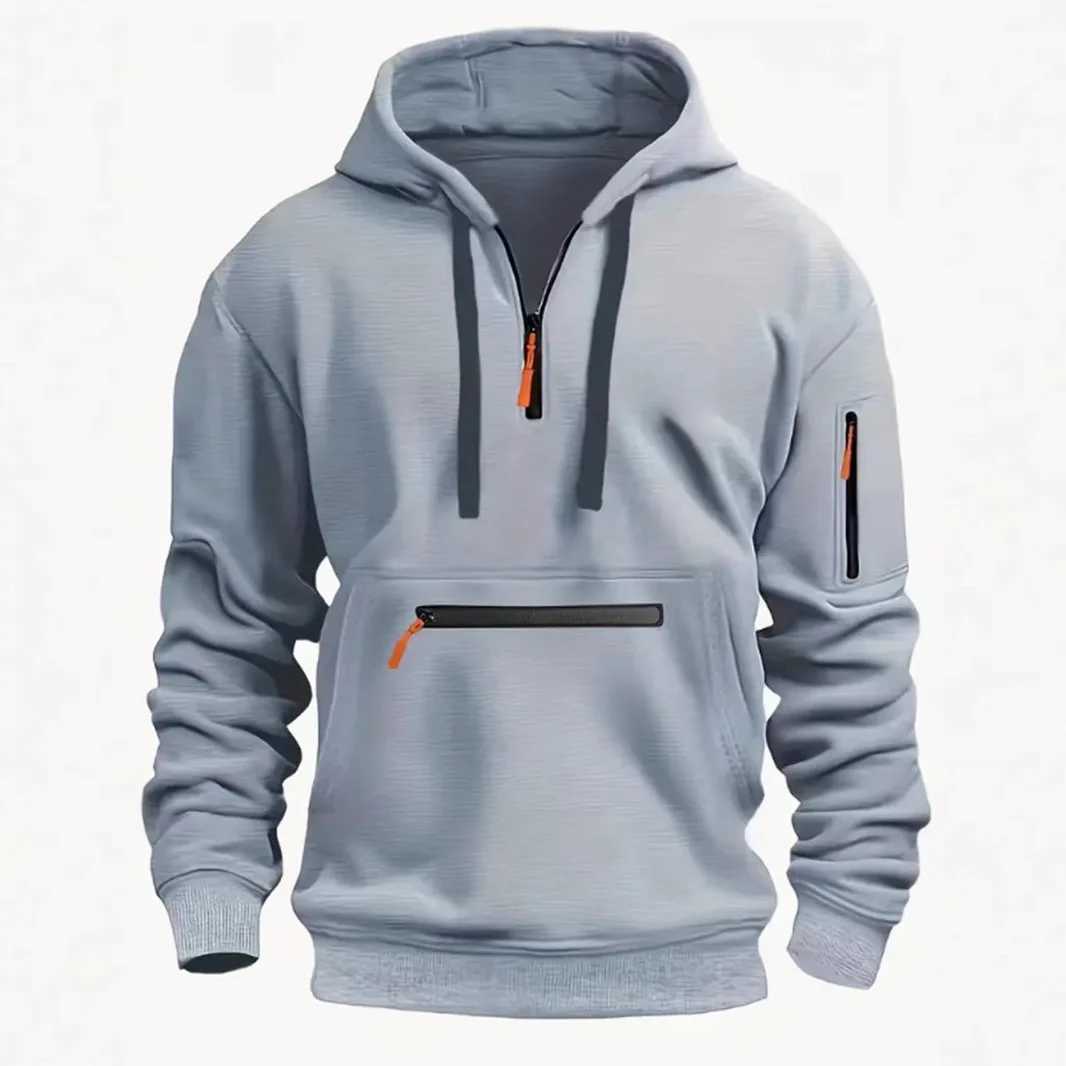 Mens hooded drawstring zipper pocket autumn and winter Hoodies fashion casual daily street solid color plus cashmere warm Tops M250312