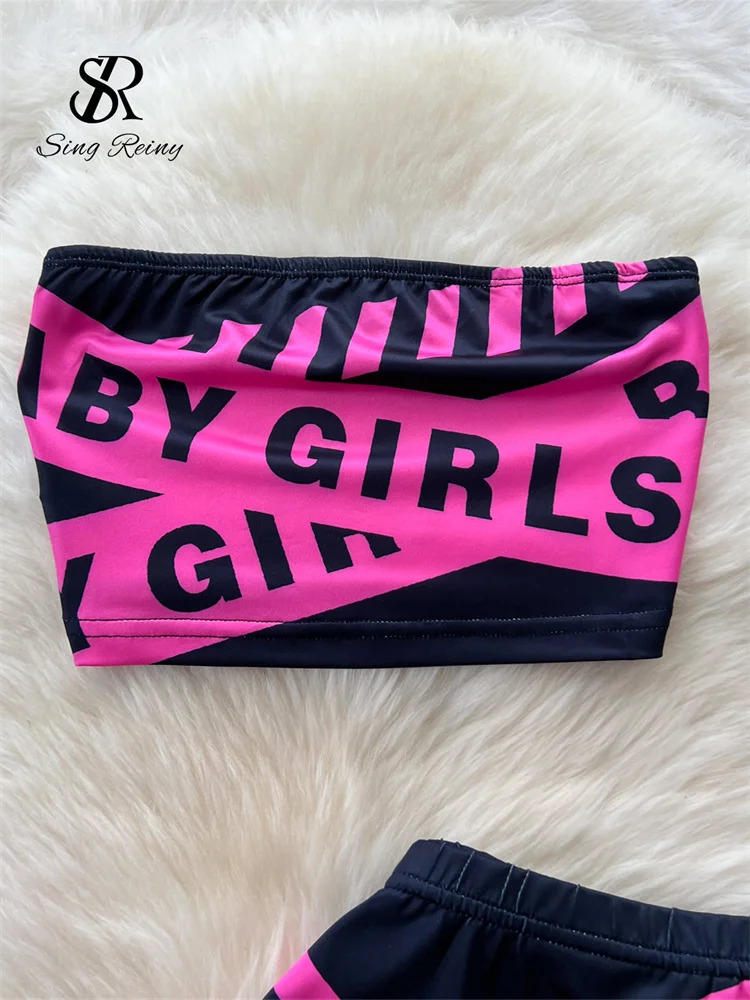 SINGREENY American Retro sexy twopiece womens strapless mini tank topelastic long Skirt letter printed party set 250312