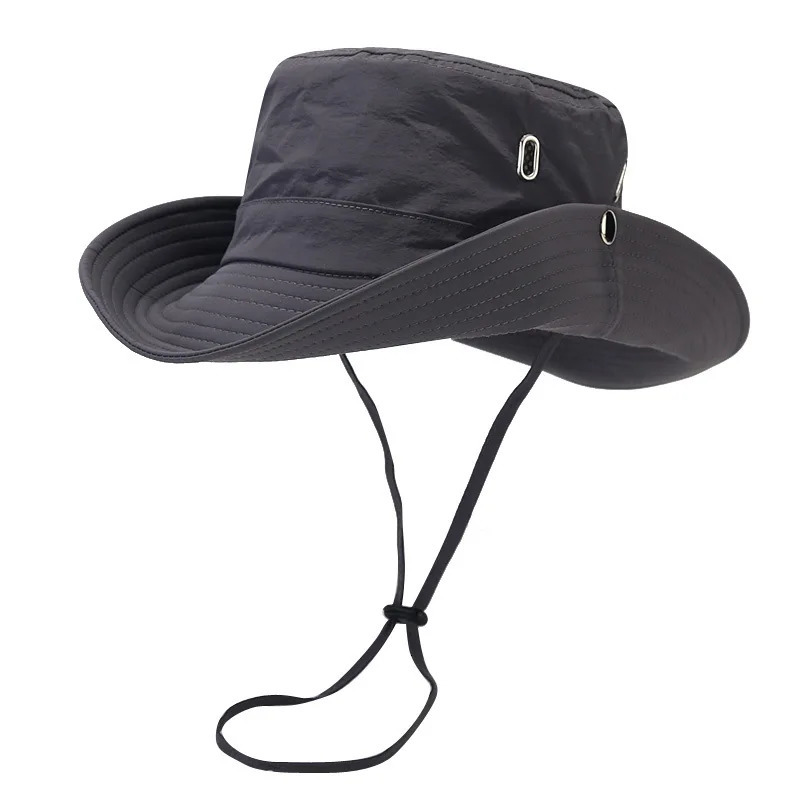 Windproof mens outdoor hat width Brim flat top camping letter printing UV resistant band hollow fisherman 250304