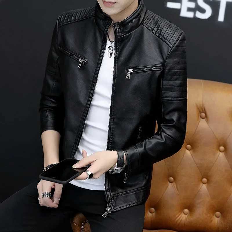 2024 Solid Color Cross-border Leather Jacket For Men Trendy Motorcycle Vest Windproof Slimming Smooths Your SilhouetteT250311