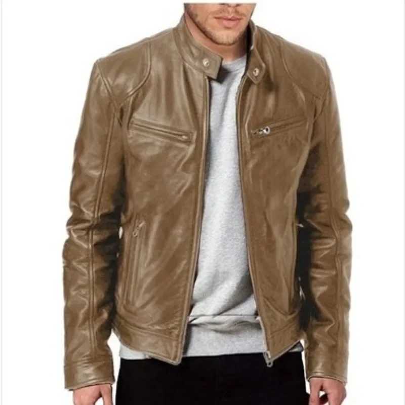 Mens Leather Jacket Stand Collar Trend Spring and Autumn New Leather Jacket Handsome Motorcycle Suit Oversized JacketT250311