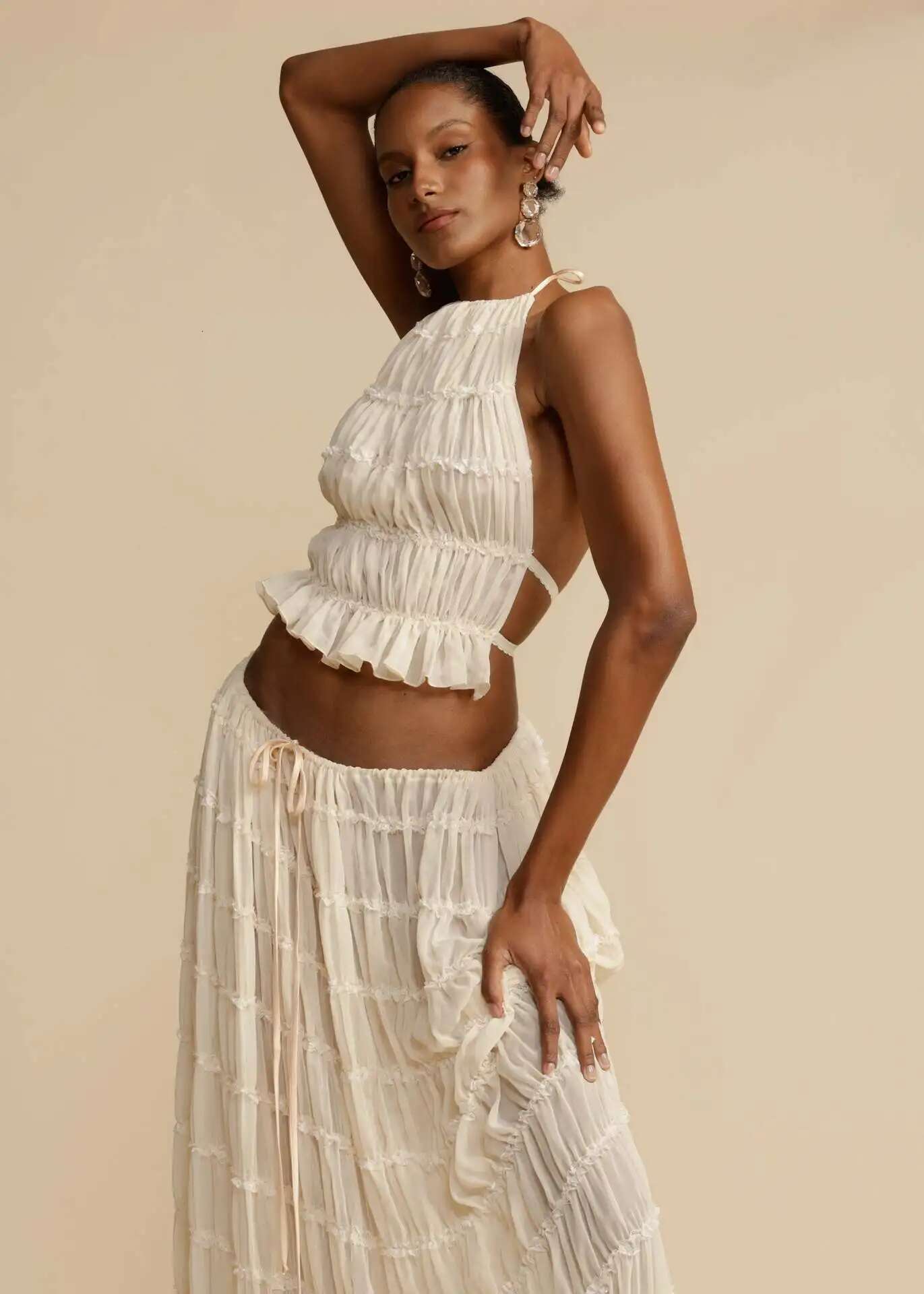 Fashion Halter Neck Long Skirt Suit Women Backless Sg Top Lace Up Fold Maxi Skirts fashion New Summer Female 2 Piece Set Outfits