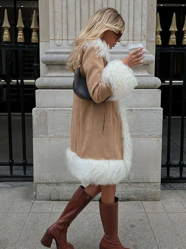 Faux Fur Patchwork Thicken Outwear Women Turn-Down Collar Furry Loose Long Sleeve Warm Coat 2024 Winter Casual Pocket Overcoat