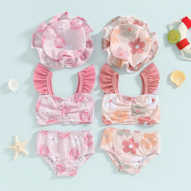 0-4Y Toddler Girls Swimsuits Floral Print Fly Sleeve Bathing Suits with Cap Kids Swimwear Baby Bikini Sets Kids Beachwear 250311