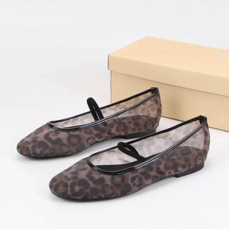 Leopard print mesh shoes women casual transparent ballet flats mary janes shoes Ladies round toe hollow out elegant Loafers 250312