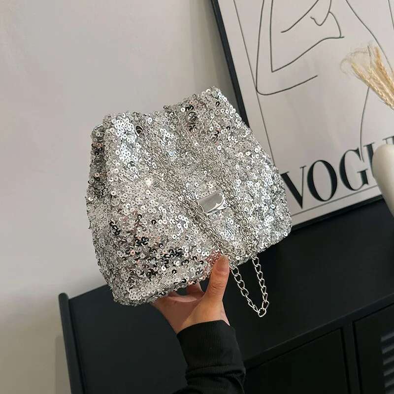 Fashion Sequined Women s Bucket Bag Fashionable Designer s Trendy Handbag Women s Crossbody Bag Wallet Chain Crossbody Bag Mini Wallet Lipstick Storag