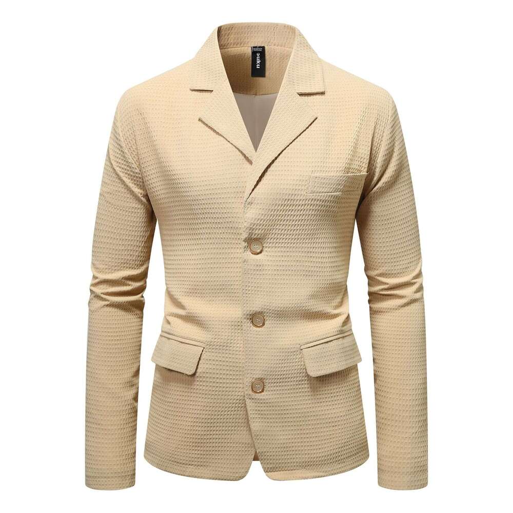 New Men's Casual Waffle Mini Suit, Youth Fashion, Solid Color, Single Row Three Button Suit