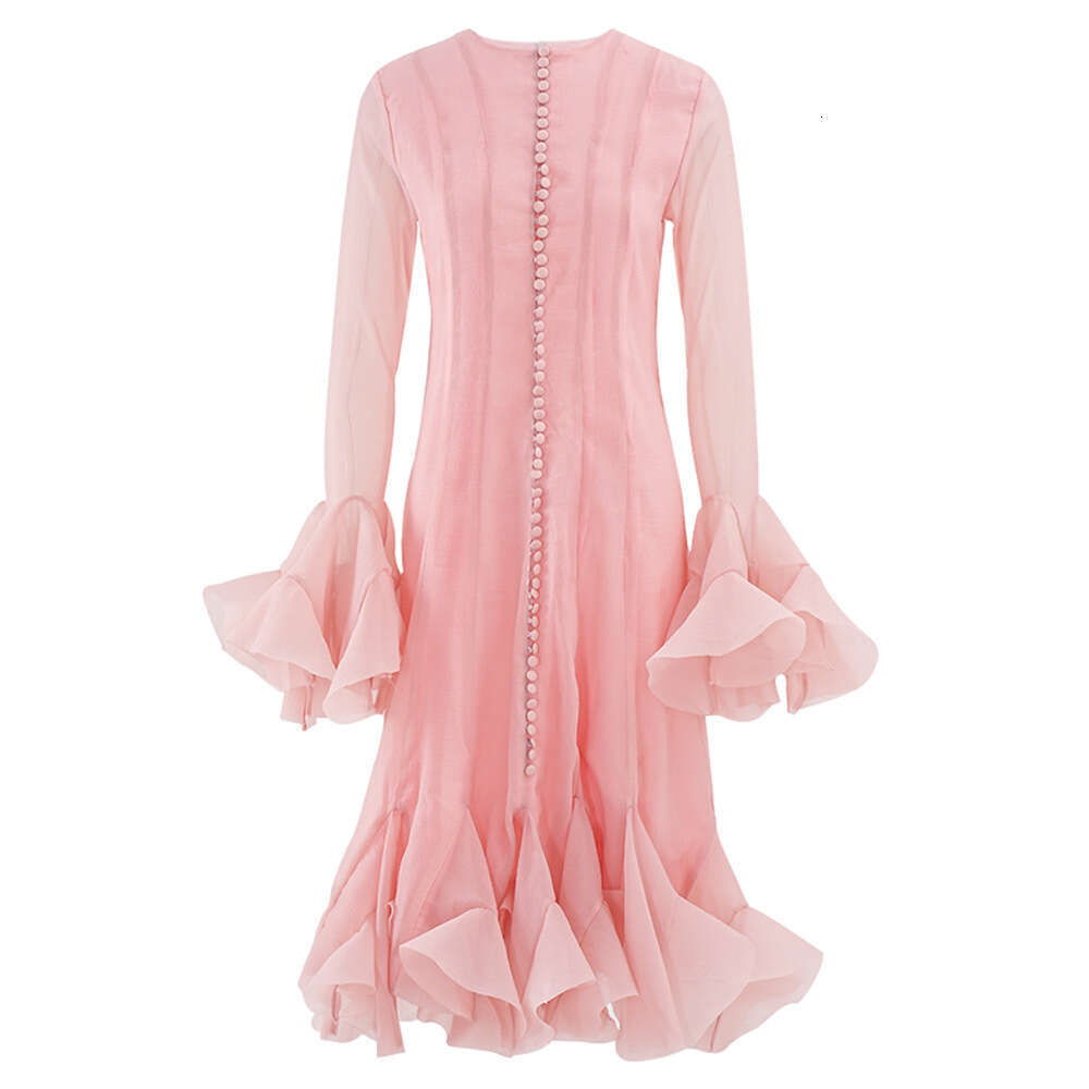 French Elegant Flower Bud Lotus Leaf Edge Skirt For Women's Spring New Style Trumpet Sleeve High-End Mesh Dress