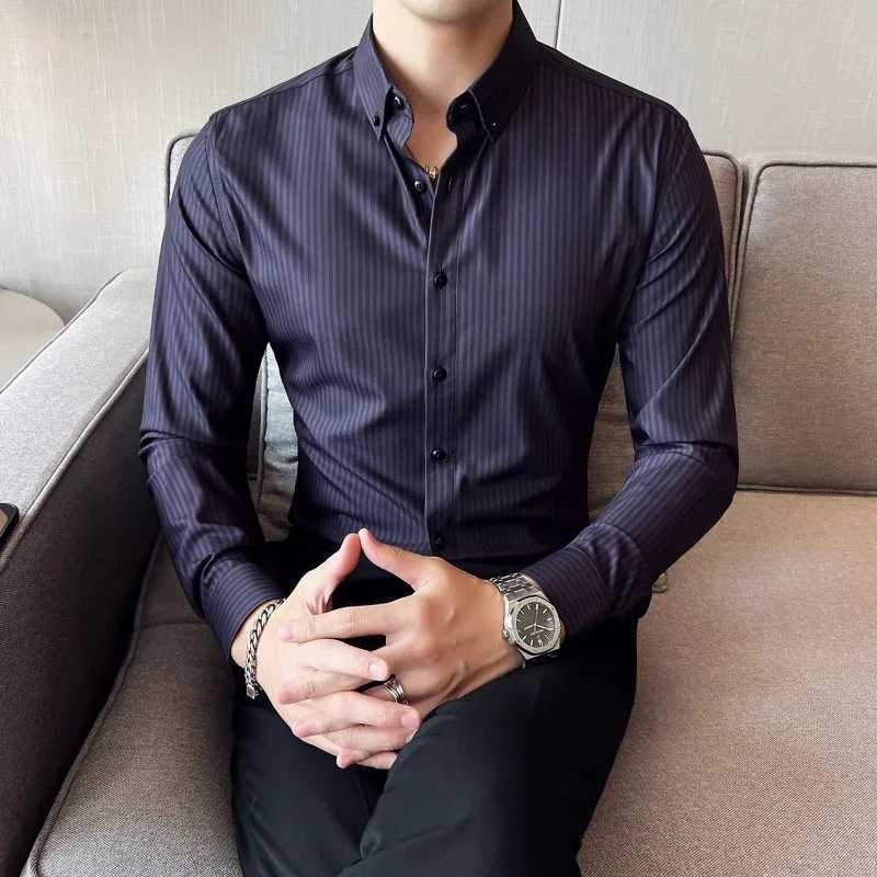 England Style Striped Button Long Sleeve O-Neck Cardigan Shirt Formal Casual Mens Clothing Spring Autumn Contrast Color Tops W250312