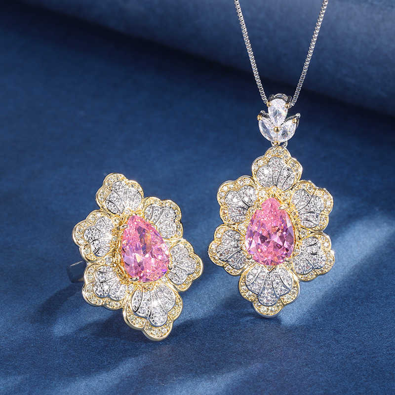 Zhuangsheng Copper Bottom Gold Plated Simulated Cherry Blossom Pink Diamond Creative Flower Shaped Full Diamond Luxury Set 10 * 14 W250312