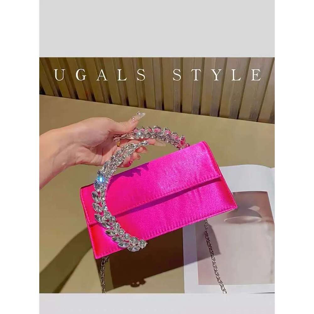 Crystal Shiny Rhies Dia Metal Handle Women Handbag Satin Evening Wedding Party Clutch Purse Crossbody Bag