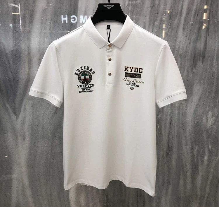 Summer short sleeved polo shirt mens slim fit heavy industrial printed European trend casual collar Tshirt 250312