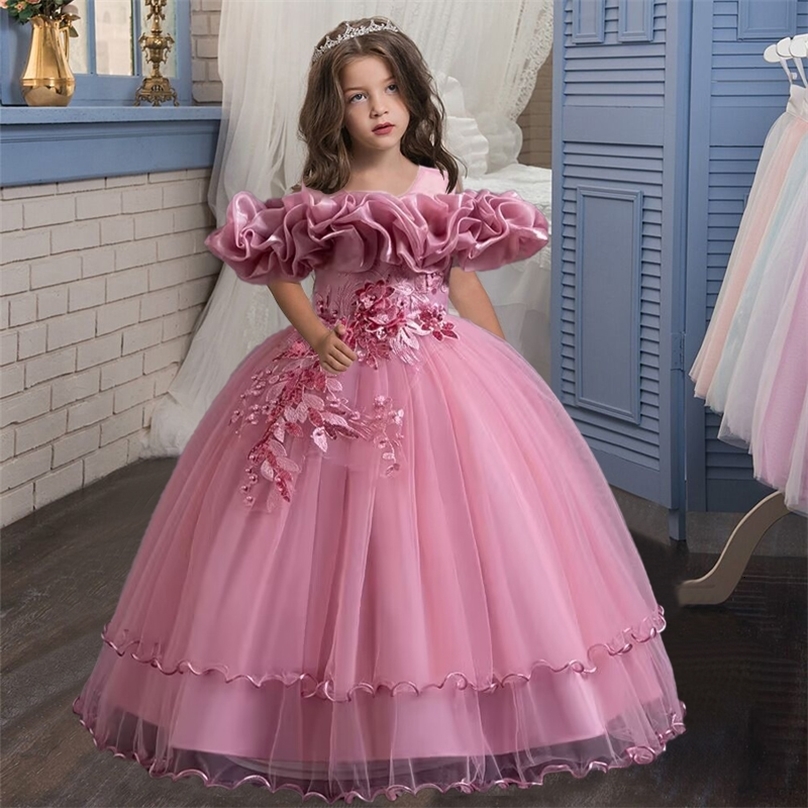 Elegant Girl Party Dress Long Wedding Bridesmaid Dress 4-13 Year Old Mesh Embroidered Graduation Ball Evening Dress 250311