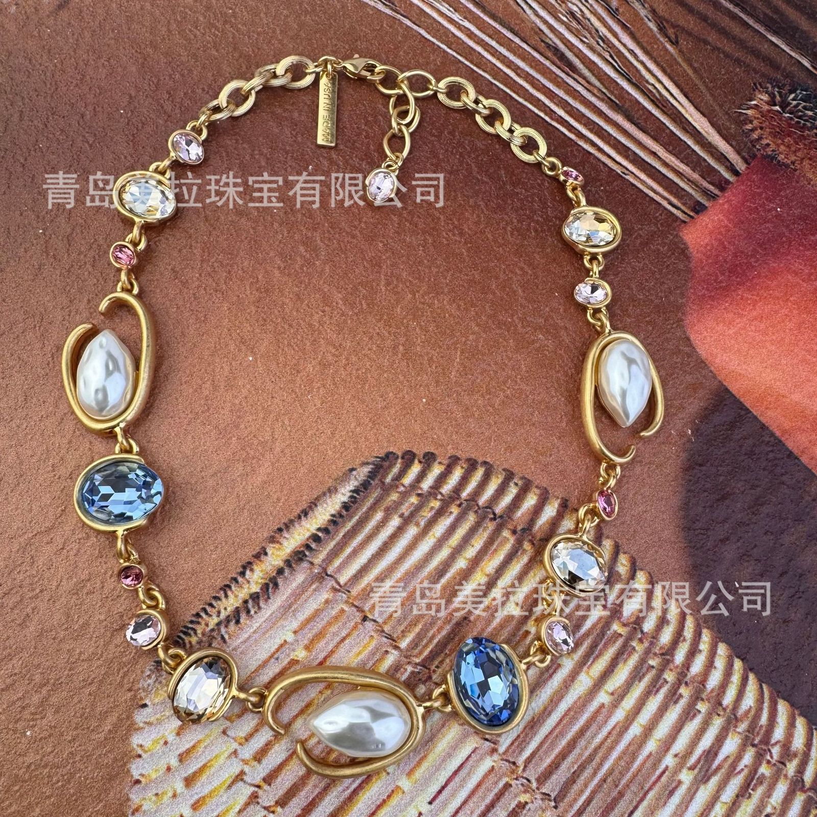 YYGEM Blue Murano Glass Freshwater Cultured White Keshi Pearl Gold Filled Chain Necklace 21" 231222