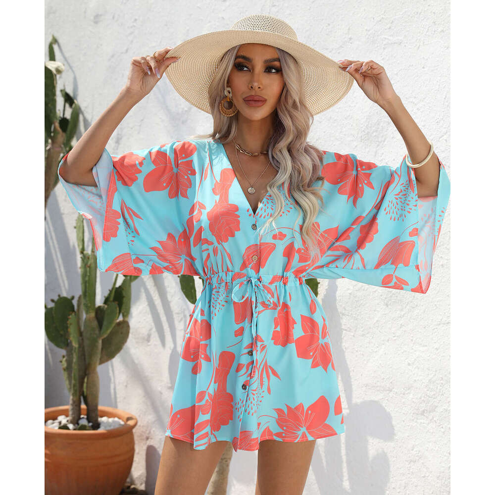 Women's European and American Station Summer Leaf Printed Five Sleeve Dress 2025 New Casual Versatile Fashion Clothing