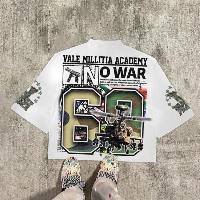 Vintage Warzone 69 Peace Graphic 100% Cotton T-Shirt Cropped Tees Men Y2K Summer Casual Oversize Tshirt Streetwear Women Tops 250311