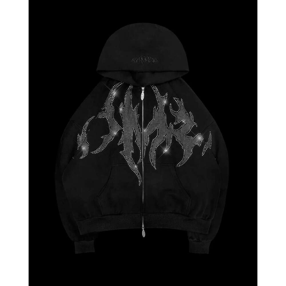 American High Y2K Hot Diamond Zipper Neutral Hip Hop Loose Harajuku Street Hoodie