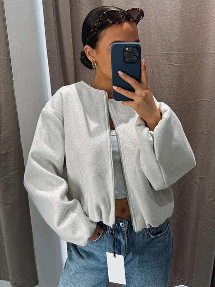 Fashion Solid Zipper Woolen Coat Women Long Sleeve O Neck Lady Bomber Jacket Autumn Warm Pocket Female Street Chic Short Outwear
