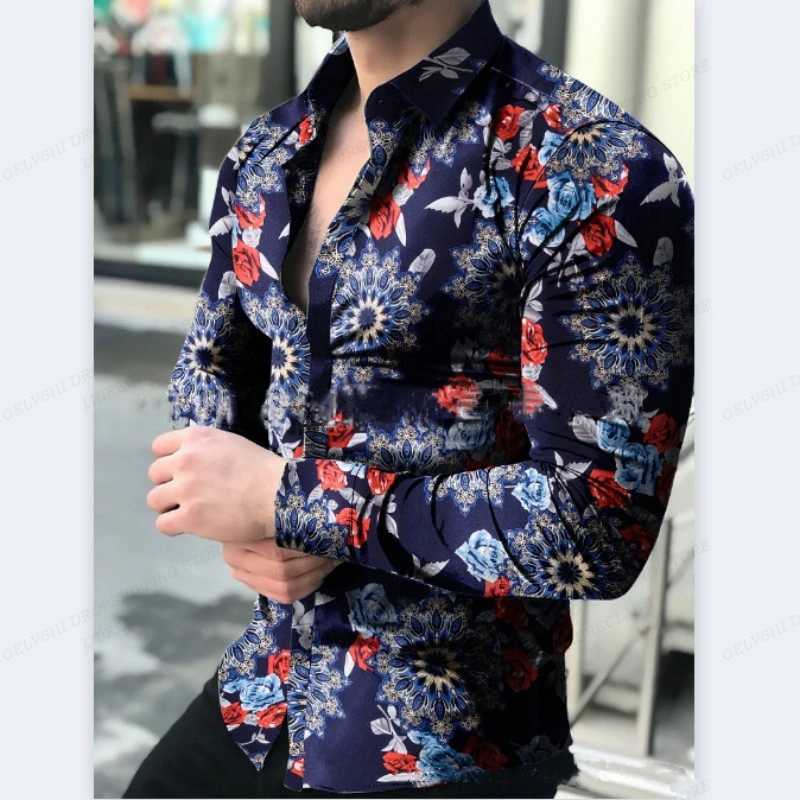 Long sleeved Hawaiian shirt mens fashion shirt floral shirt Cuban beach shirt lapel Camisas floral shirt button W250312