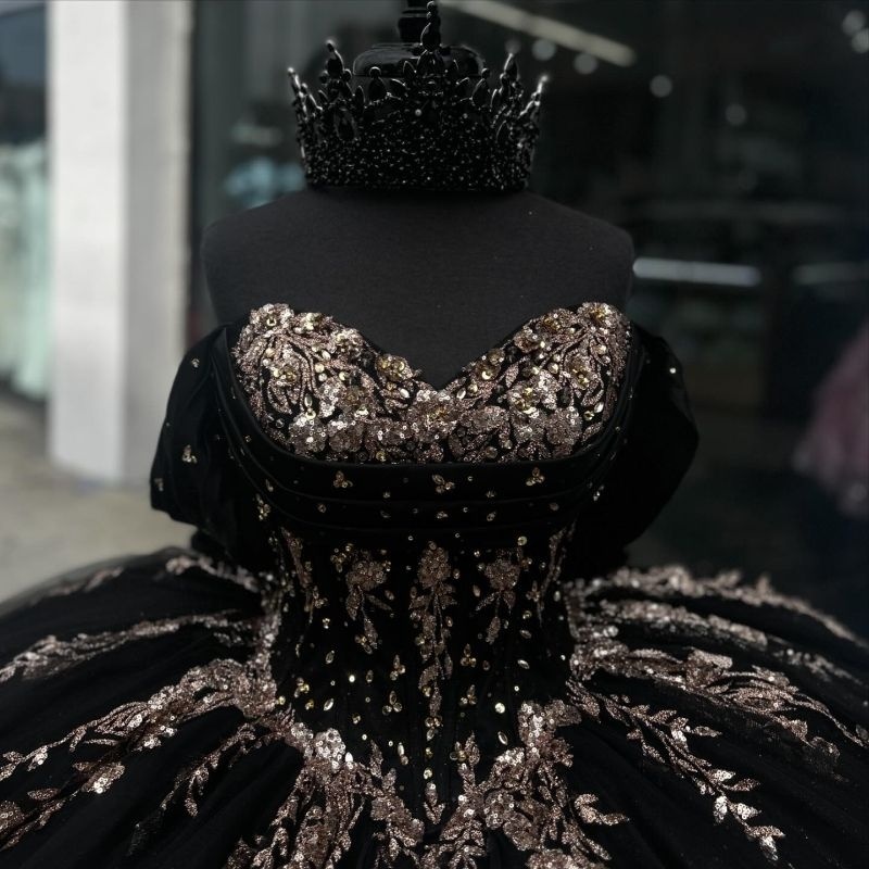 Black Shiny Princess Ball Gown Quinceanera Dresses Sequined Gold Lace Appliques Crystals Beads Birthday Party Sweet 16 Dress Vestidos De 15 Anos